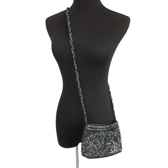 Vintage 80s Black Beaded Micro Crossbody Union Made Snap Closure Evening Wear - Picture 3 of 13